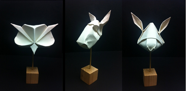 Owl mask, horse mask and rabbit mask designed and folded by Beth Johnson